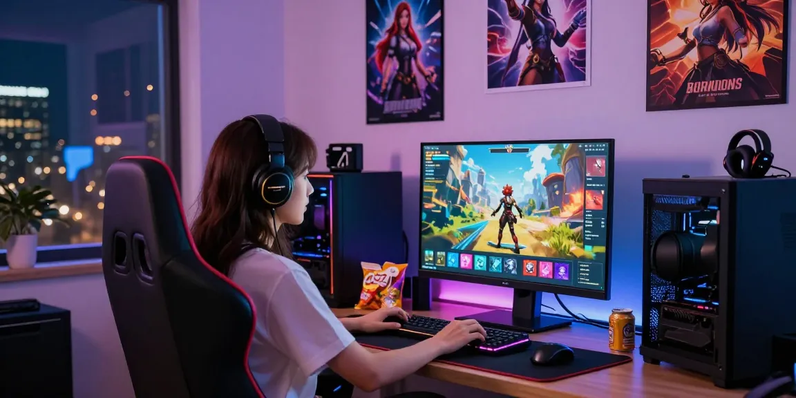 Engaging female hentai game scene showcasing interactive gameplay with vibrant visuals and cozy gaming setup.