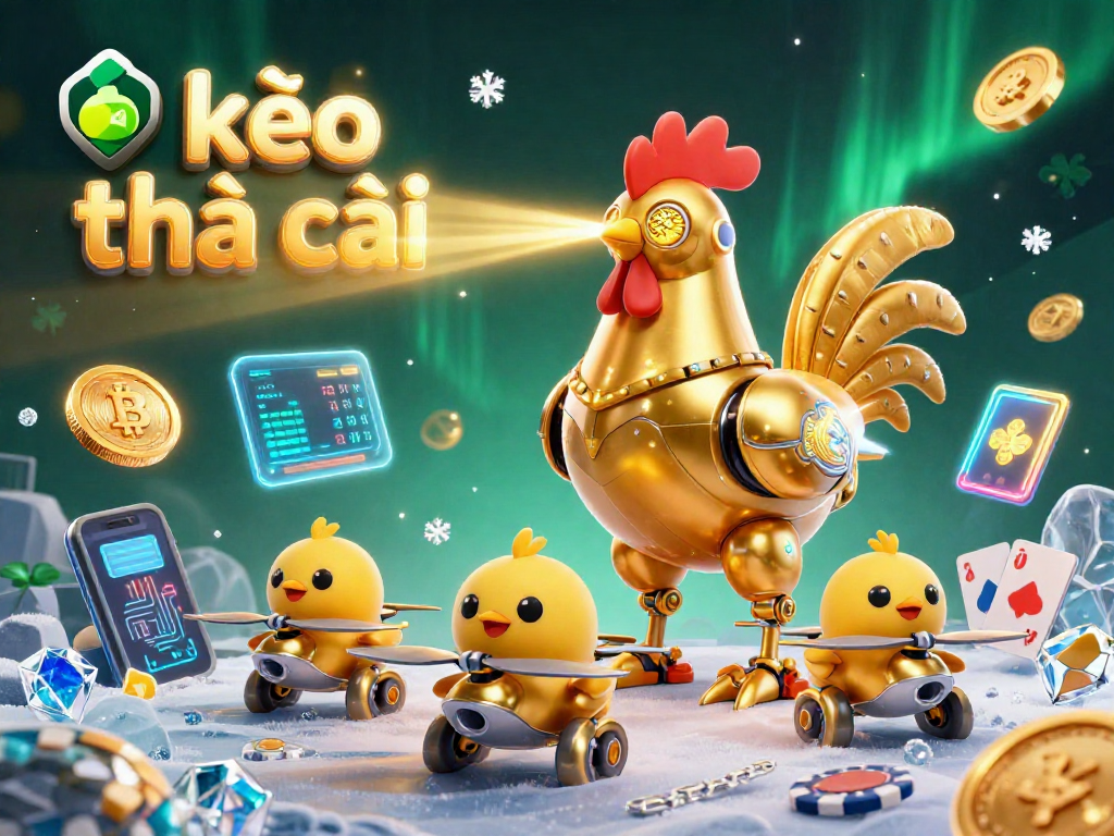 Experience the thrill of kèo nhà cái with a dynamic 3D illustration featuring a rooster robot and casino elements.