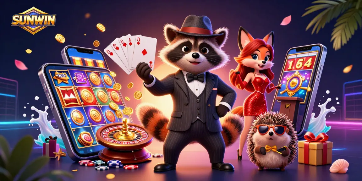 SUNWIN reveals exciting slots experience with suave raccoon, dressed for action and engaging players in a vibrant casino.