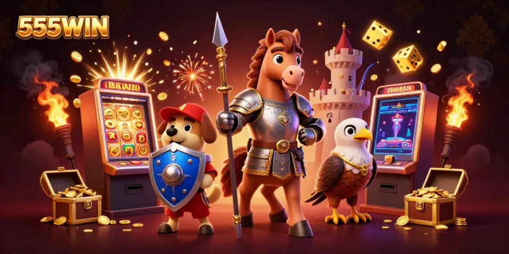 Experience thrilling excitement with 555WIN as the medieval knight, puppy, and falcon celebrate wins in a vibrant casino.