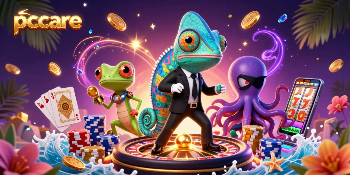 Experience the excitement at pccare with thrilling casino elements in a vibrant digital illustration.