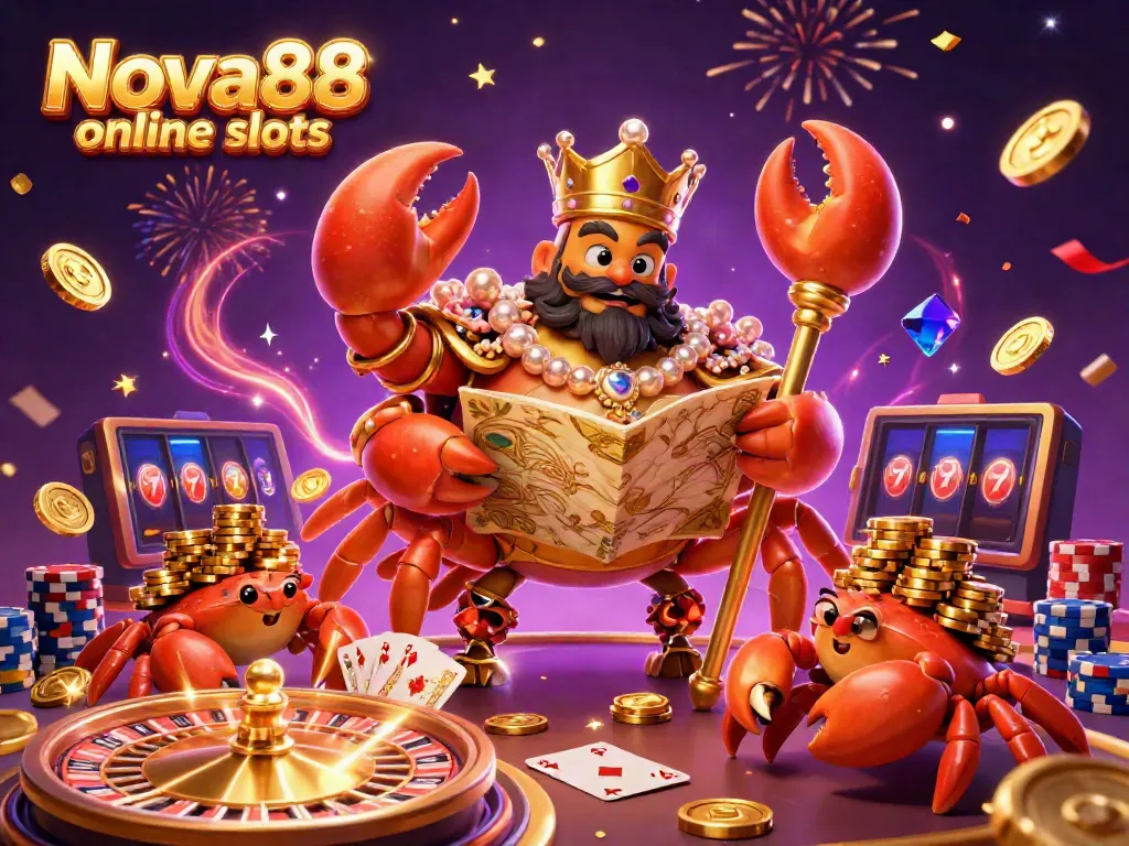 Join the fun with Nova88 online slots featuring a golden crab emperor surrounded by festive casino elements.
