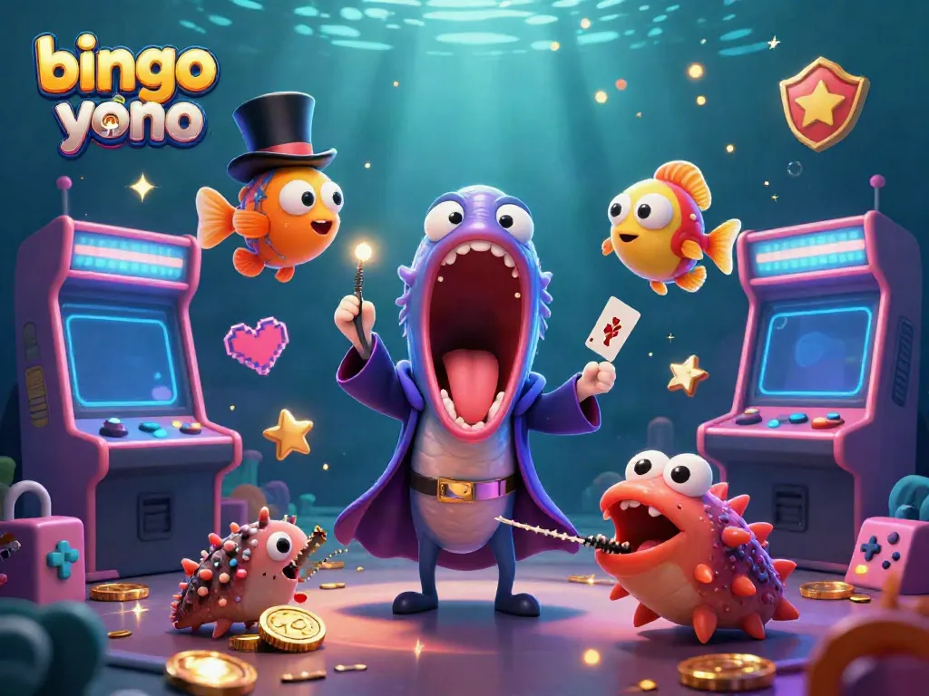 Menyaksikan permainan bingo 101 yono dalam ilustrasi 3D yang kaya dan berwarna, dengan karakter laut yang menghibur dan elemen permainan.