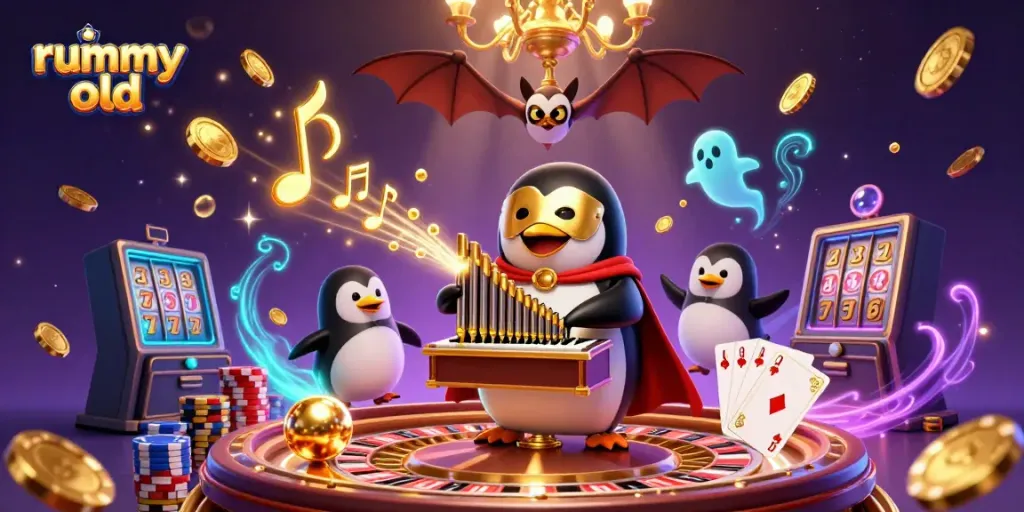 Rummy Old menampilkan penguin opera phantom memainkan organ sambil dikelilingi koin emas dan poker.