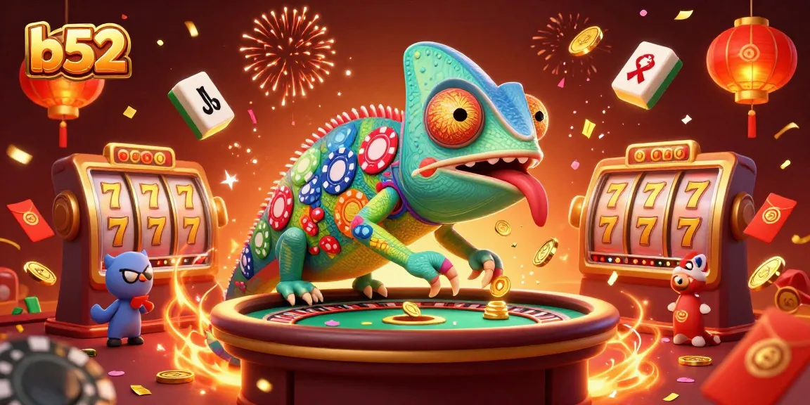 B52 casino owner chameleon capturing golden coins in a vibrant casino scene filled with slot machines and fireworks.