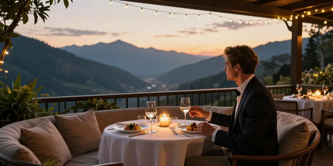 Pengalaman LUXURY 111 saat makan malam mewah di balkon pribadi dengan pemandangan gunung yang menakjubkan.