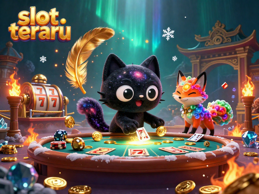 Experience the thrill of slot terbaru with a cosmic casino scene featuring a black hole cat and nebula fox.