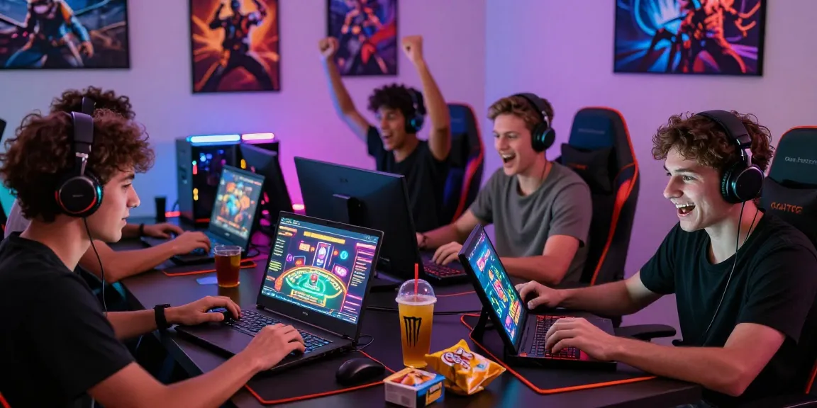 Pengalaman bermain di BATIK88: pemain bersemangat menggunakan laptop dan tablet dalam suasana gaming modern.