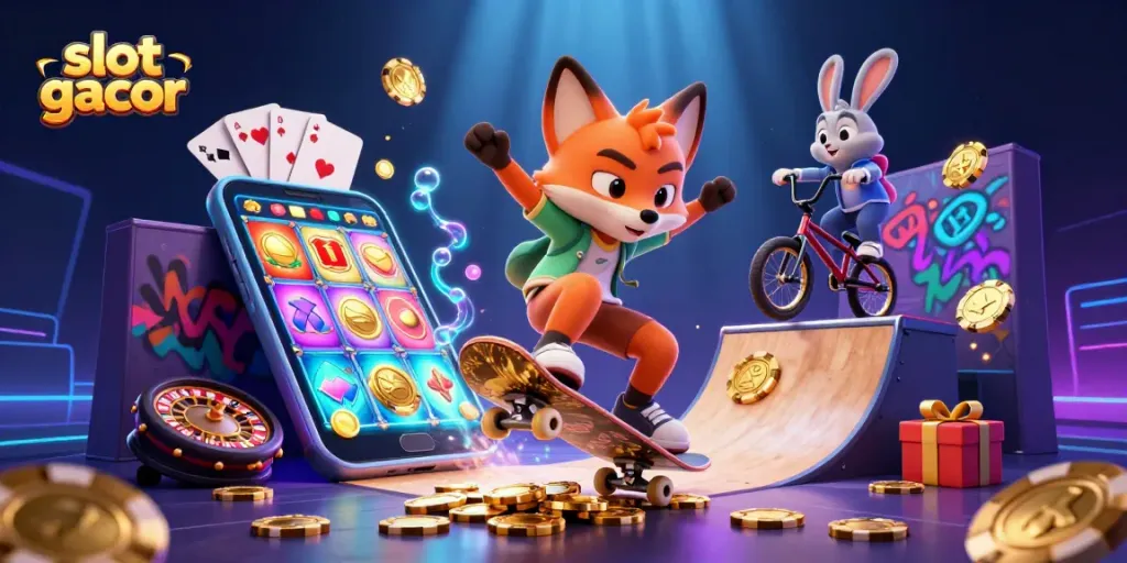 Experience the thrill of slot gacor games with vibrant casino elements in a dynamic scene.
