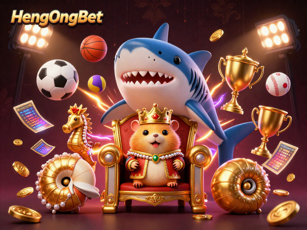 Engage with HengOngBet featuring a fierce golden hamster king amidst energetic sports betting elements.