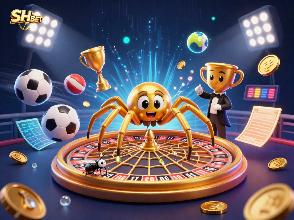 SHBET delivers dynamic sports betting action with a golden roulette wheel spun by a cartoon centipede croupier.