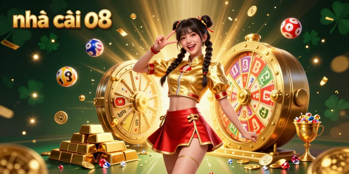 Experience the excitement at nhà cái o8 with vibrant lottery balls and a stunning Asian woman celebrating wins.