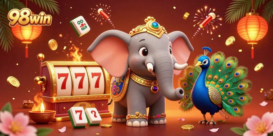 Experience the thrill with 98win's 3D casino-themed festive illustration featuring vibrant elements.