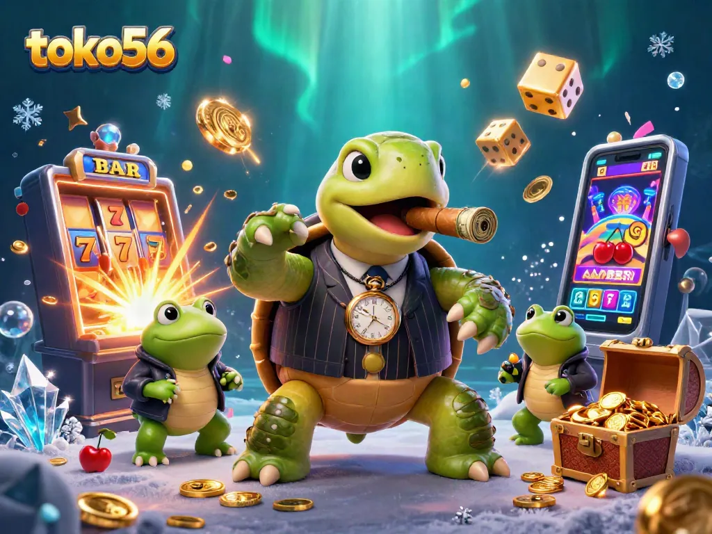 Permainan slot mencolok di toko56 dengan karakter unik, koin berkilauan dan pencahayaan kasino.