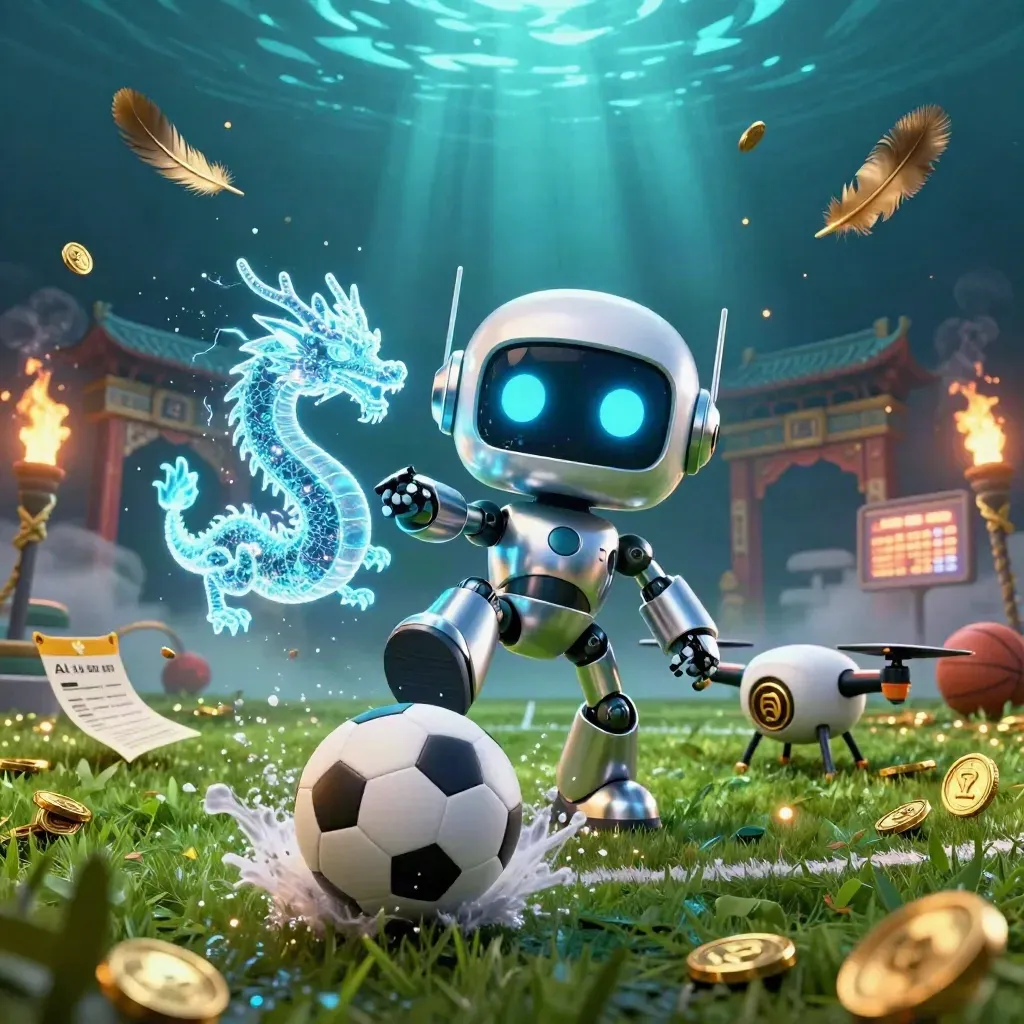 Cyberpunk robot, AI dragon, and drone frame a soccer ball mid-flight with turf sparks and gold coins.