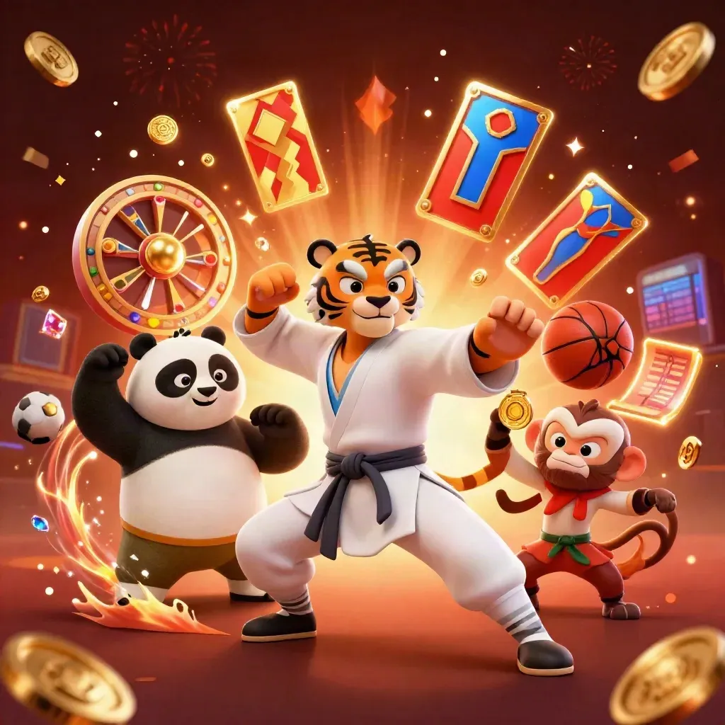 Tiger, panda, and monkey in a casino sports fantasy with coins, roulette, chips, and firelight