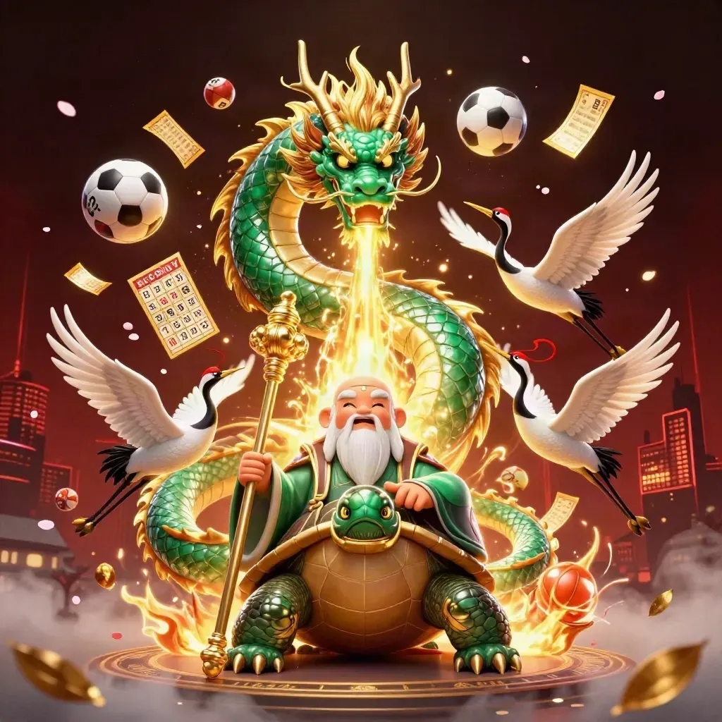 Emerald dragon, turtle sage, and cranes amid flying casino and sports tokens.