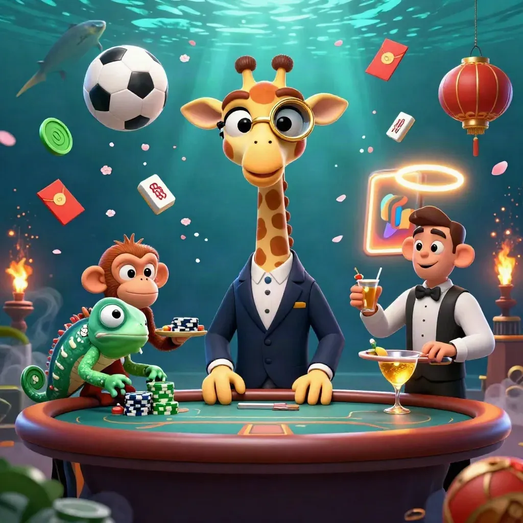 Giraffe, monkey, and chameleon at a luxe casino table amid flying coins and petals.