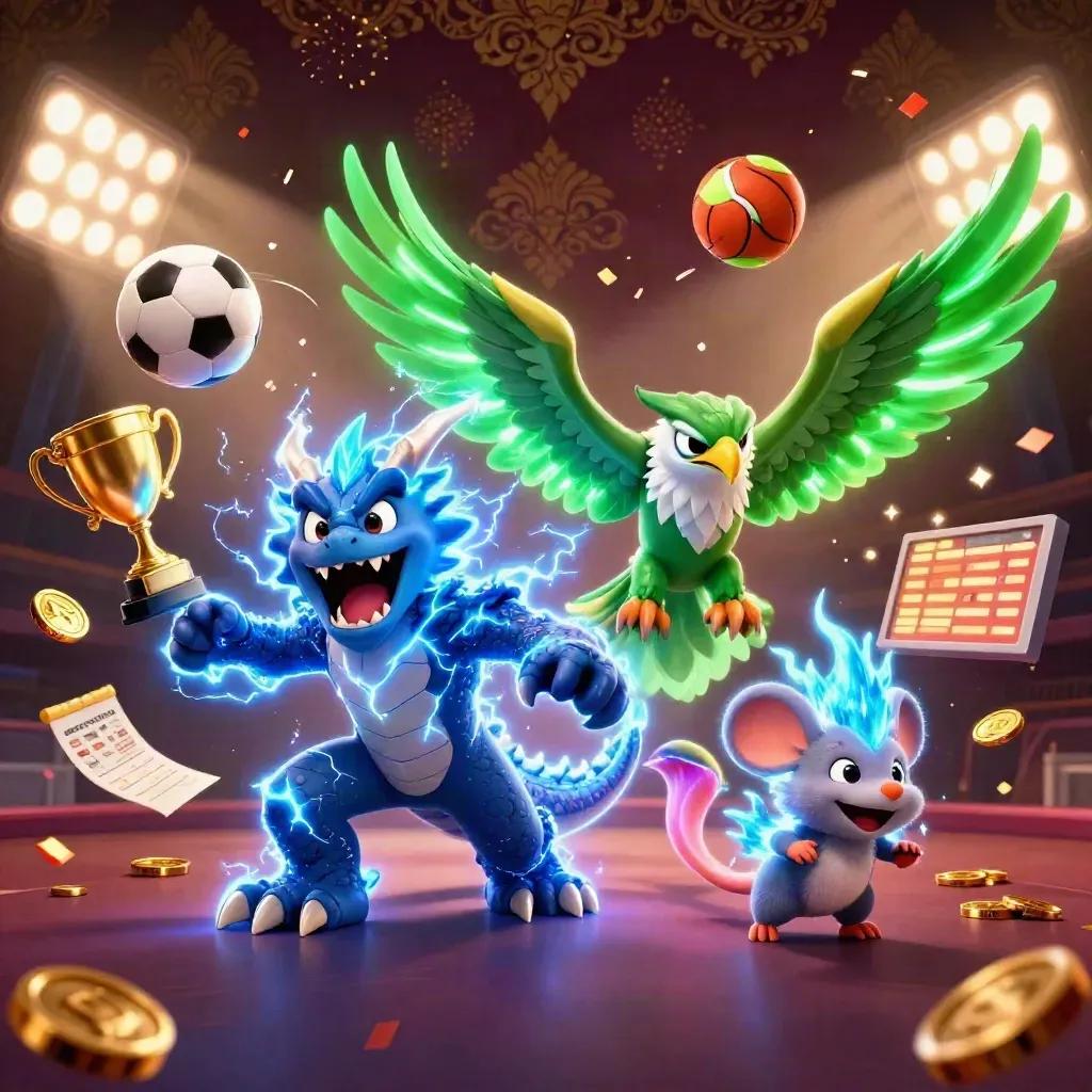 Thunder dragon, wind hawk, and mouse amid flying balls, gold coins, and casino lights.