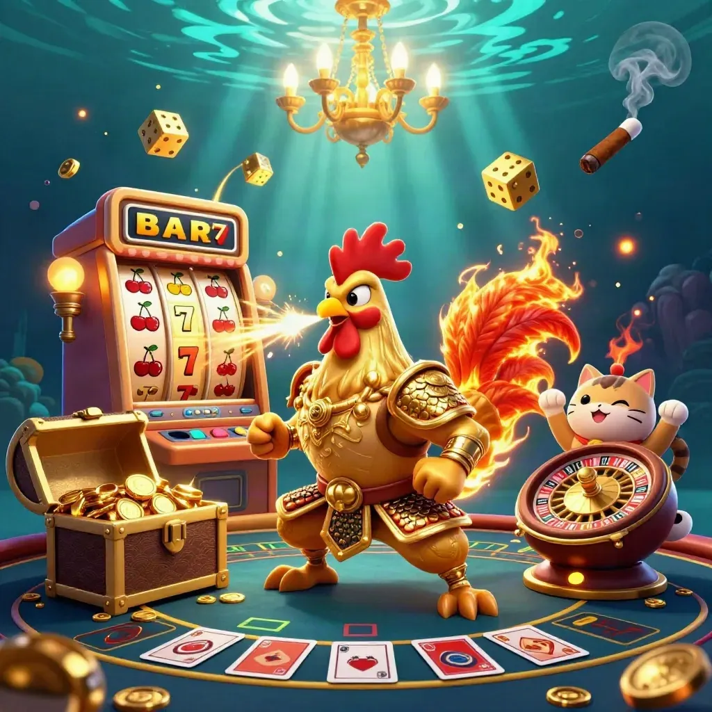 Rooster warrior, dragon hatchling, and fortune-cat amid casino loot and glowing game icons.