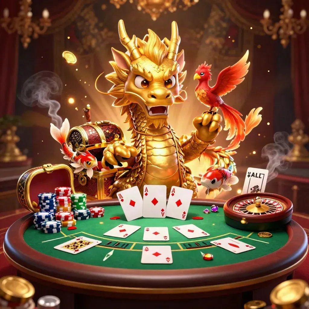 Golden dragon, phoenix, koi, and casino table chaos in a burgundy-gold luxury scene.