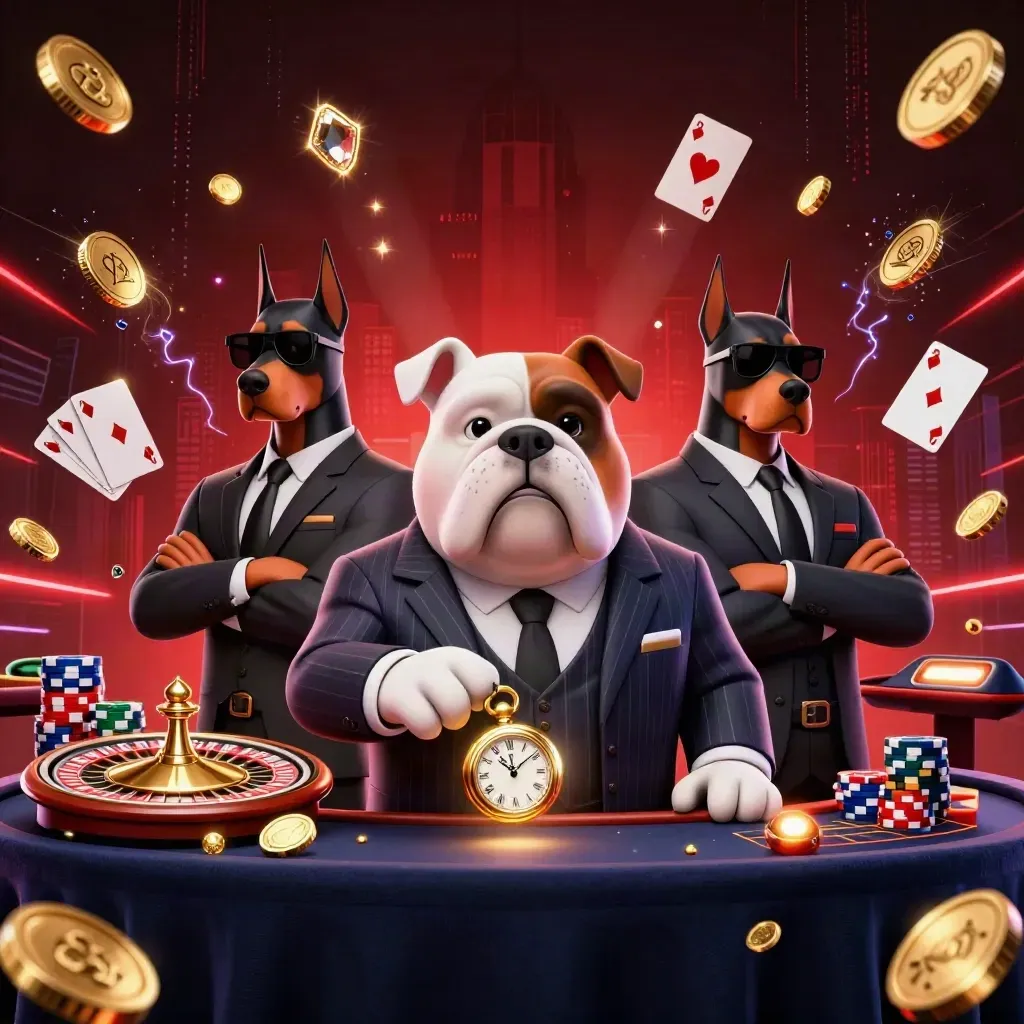 Bulldog mob boss and two Dobermans amid casino lights, coins, cards, and roulette glow