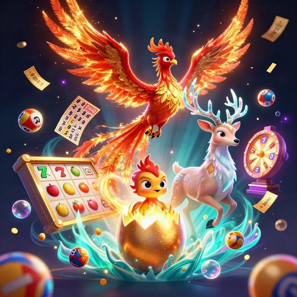 Phoenix, hatching chick, and crystal stag amid casino fantasy bursts and glowing effects.