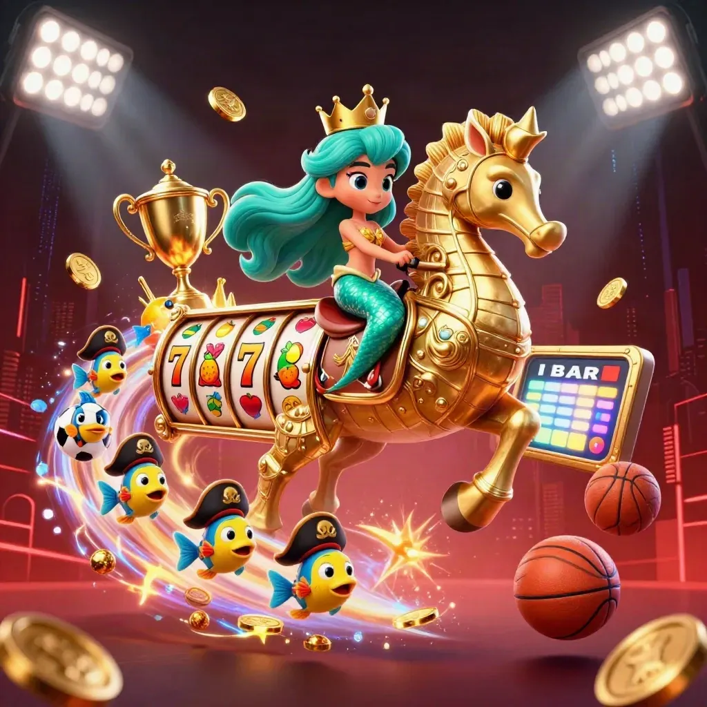 Mermaid princess on a golden seahorse amid casino treasures, sports balls, pirate fish, and neon sea magic.