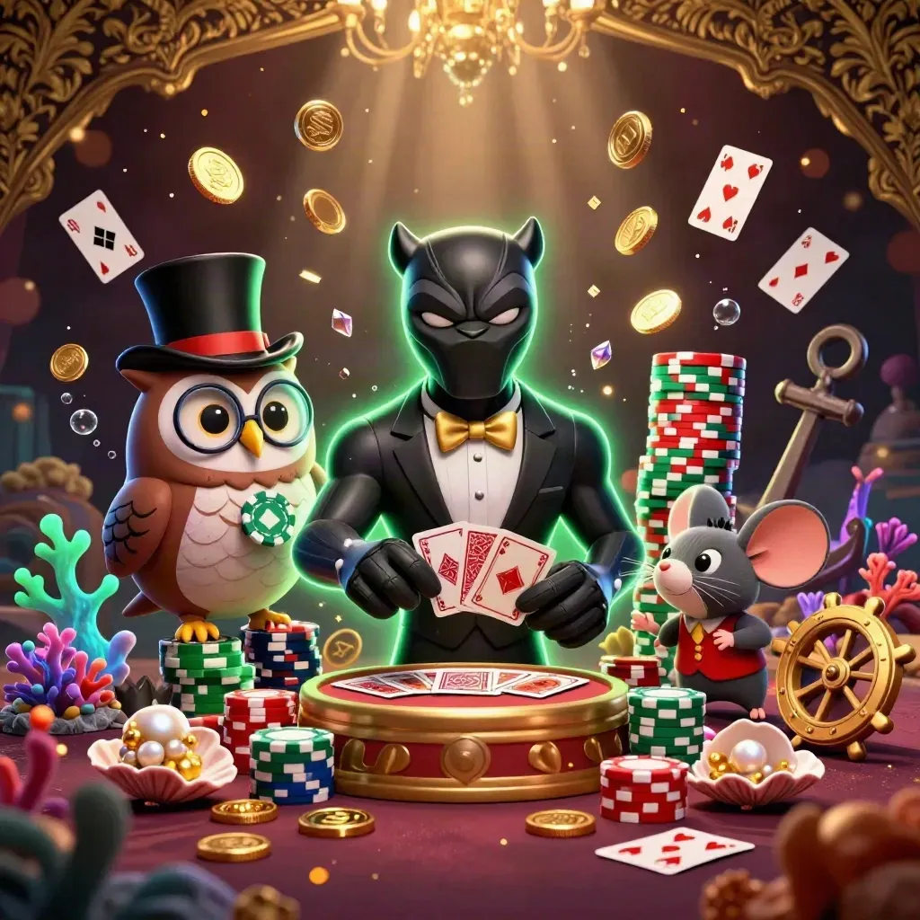 Panther, owl, and mouse amid gold coins, coral, and treasure in a dark underwater cove.