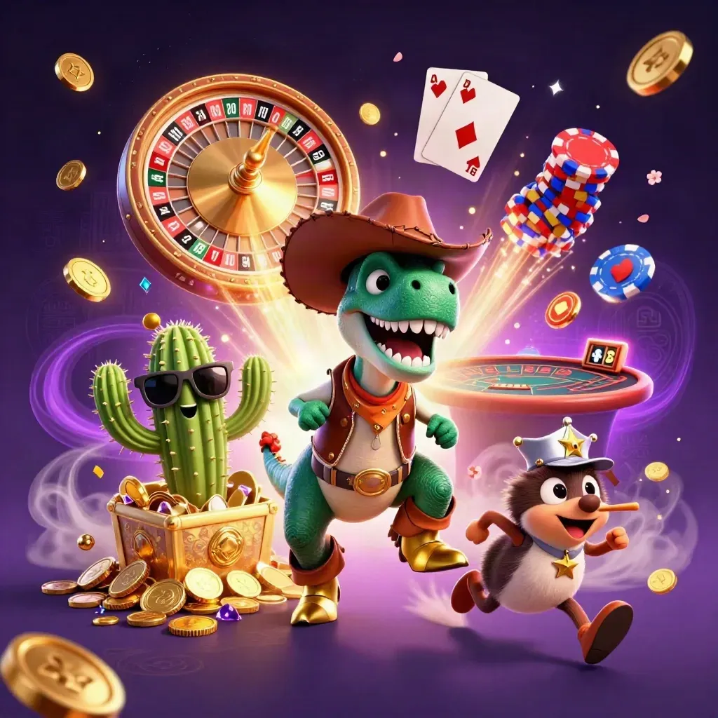 Cowboy T-Rex, cactus sidekick, and roadrunner amid coins, cards, chips, roulette, and fireworks