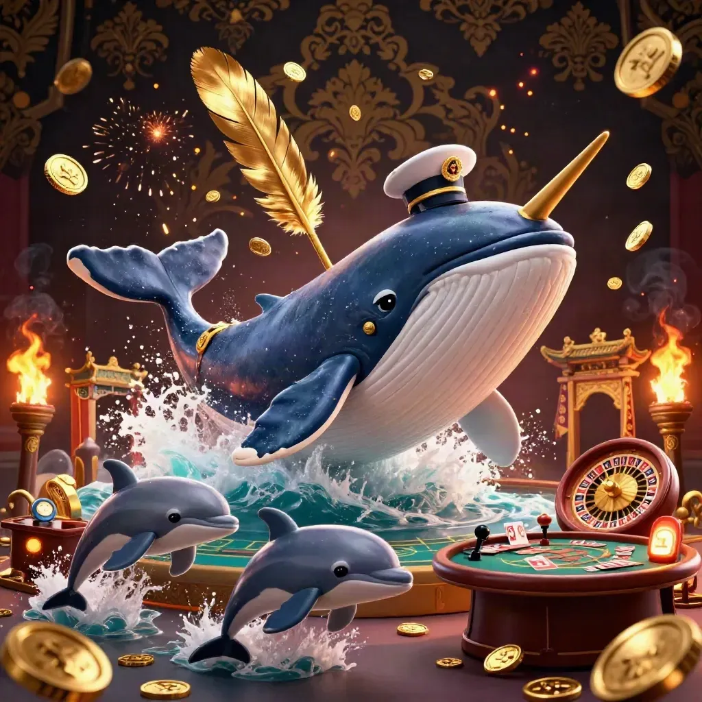 Whale captain, narwhal and dolphins amid gold coins, roulette wheel, temple gate, and fireworks.