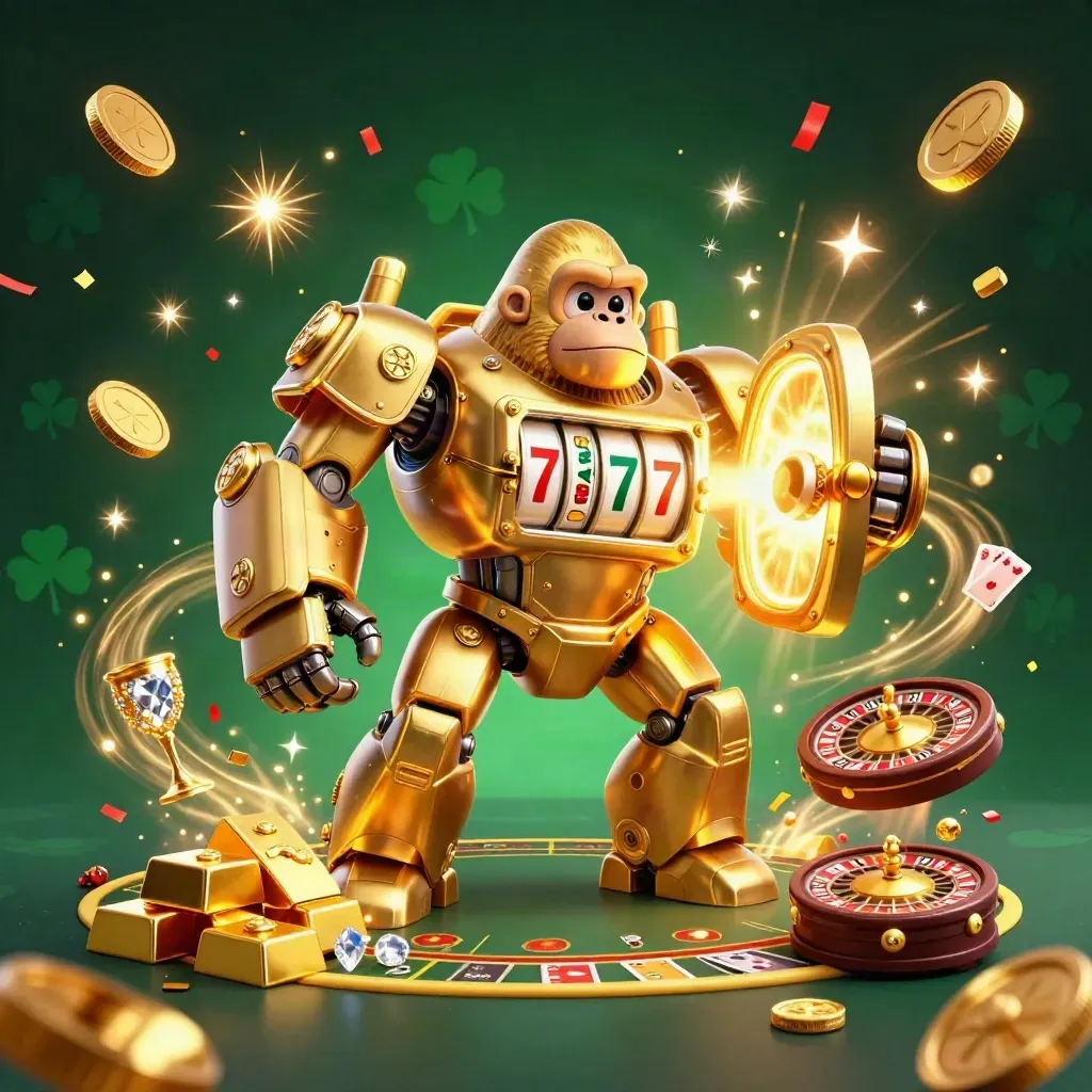 Golden gorilla mech and monkey pilot burst from a vault amid coins, gems, fireworks, roulette and cards.