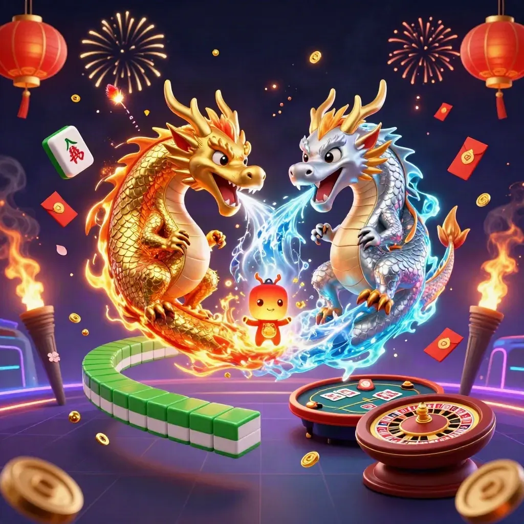 Twin gold and silver dragons spiral through casino luck with coins, lanterns, fireworks, and a neon grid.