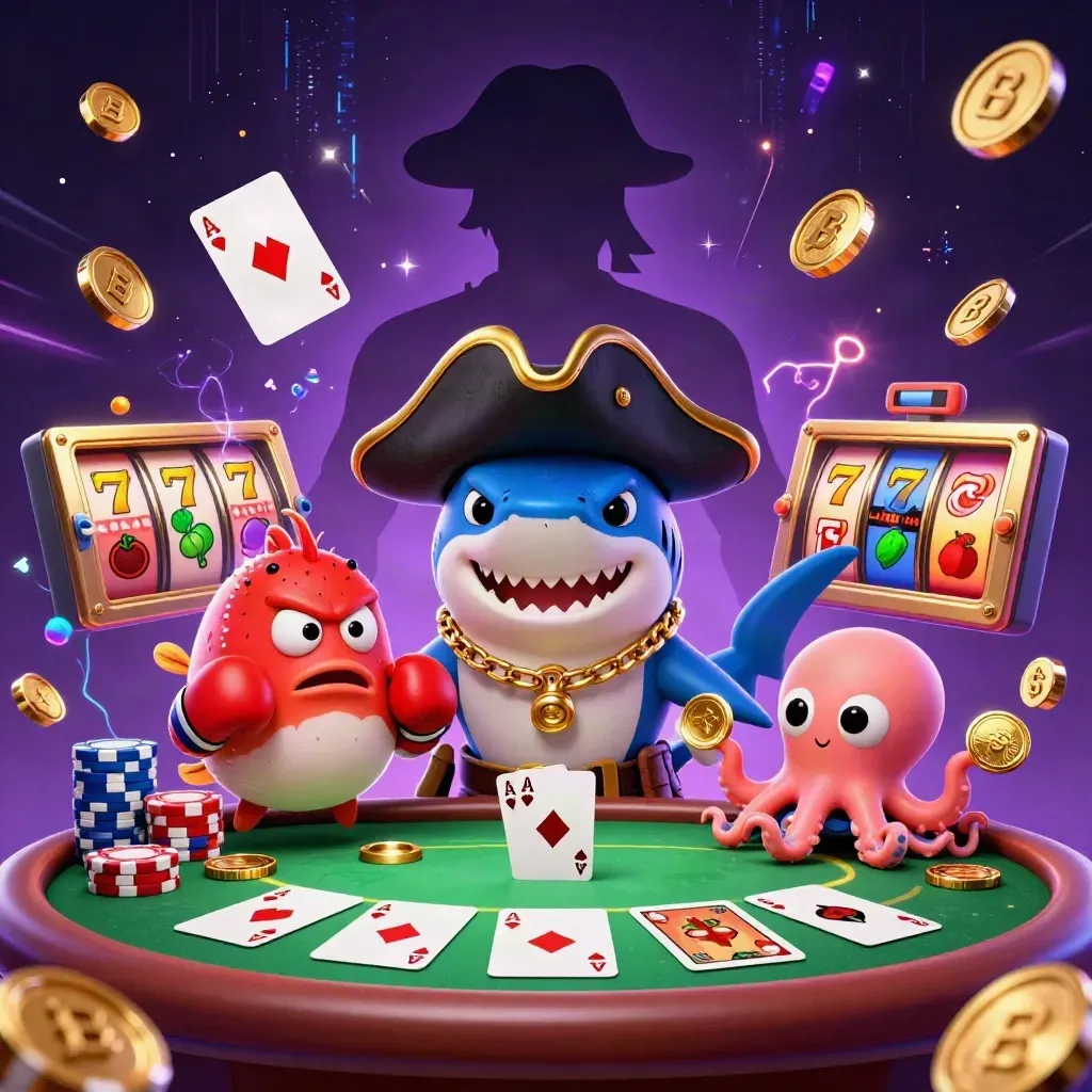 Shark pirate, boxing pufferfish, and coin-juggling octopus amid neon casino chaos.