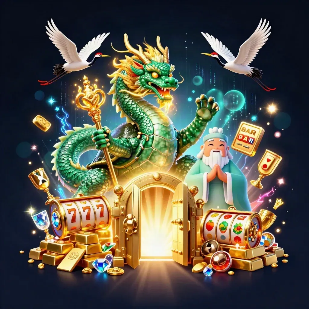 Emerald dragon, turtle sage, and cranes burst from a golden vault amid casino loot and glowing effects.