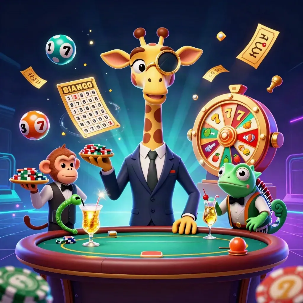 Giraffe, monkey, and chameleon casino heroes amid chips, reels, and glowing lights on a dark neon backdrop.