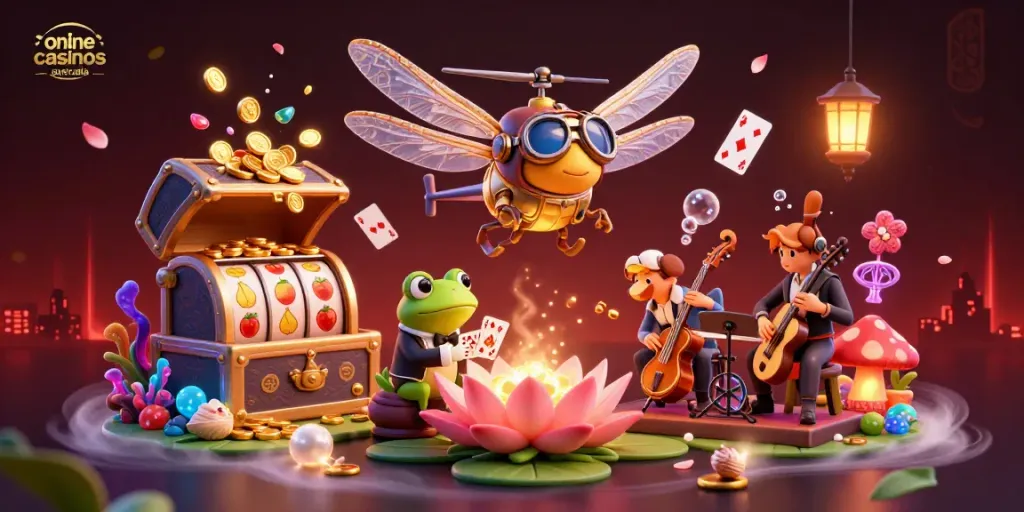 Experience exciting gameplay at online casinos australia with a lively dragonfly pilot and frog croupier.