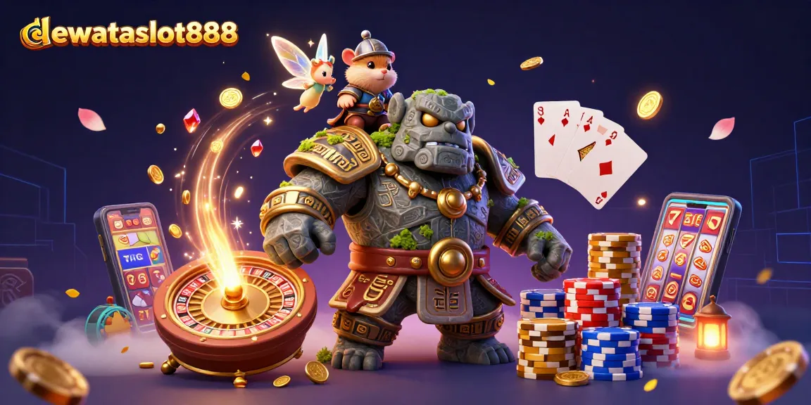Permainan seru di dewataslot888 dengan golem dan peri sihir berkilau dalam suasana kasino.