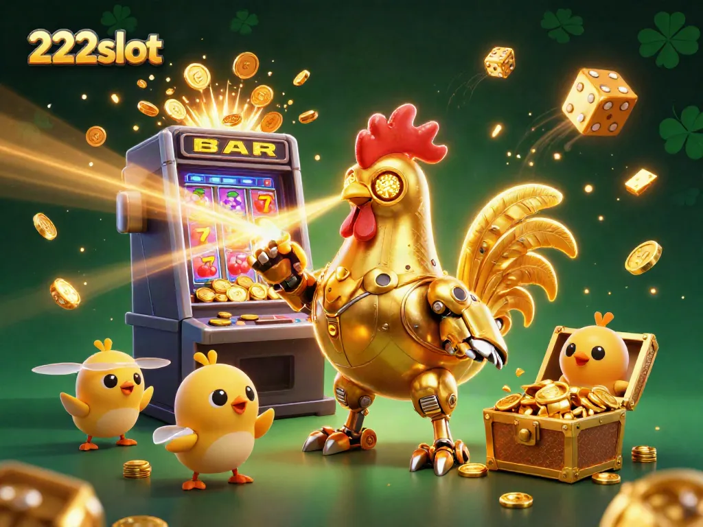 Slot jackpot terburai di 222slot dengan karakter robot ayam emas futuristik.
