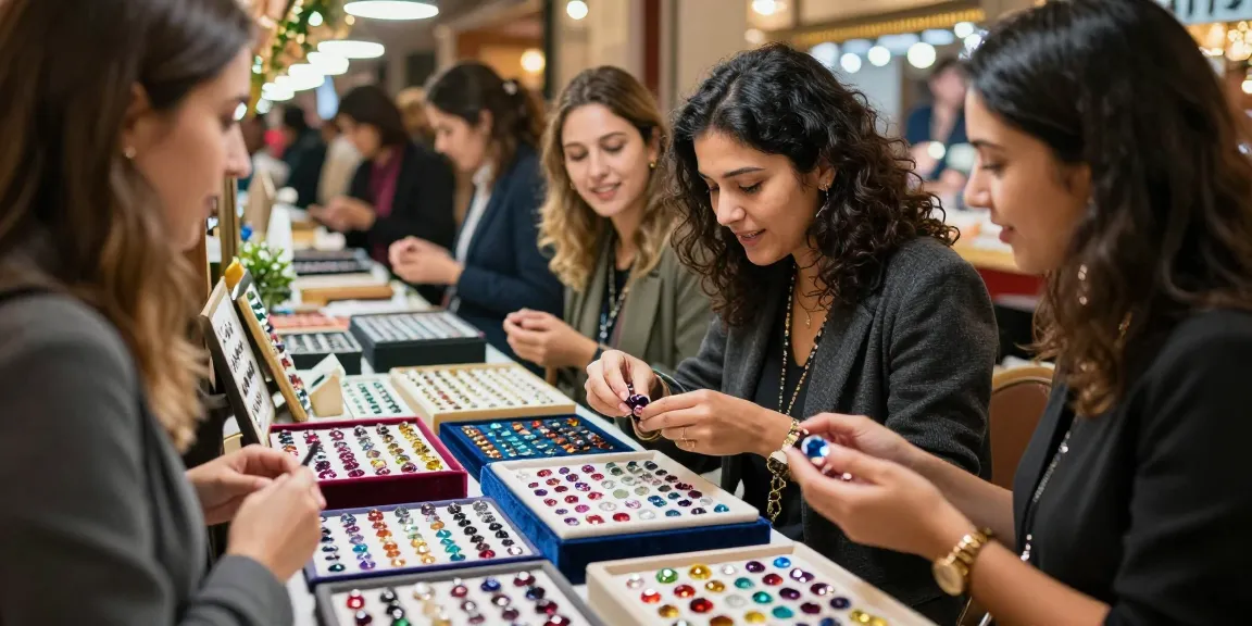 Explore exquisite gemstones at https://www.mygemspot.com, vibrant market scene with happy customers and sparkling gems.