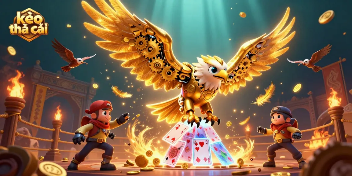 Engage with kèo nhà cái in this vibrant 3D scene featuring a golden eagle amidst playing cards and gaming tokens.