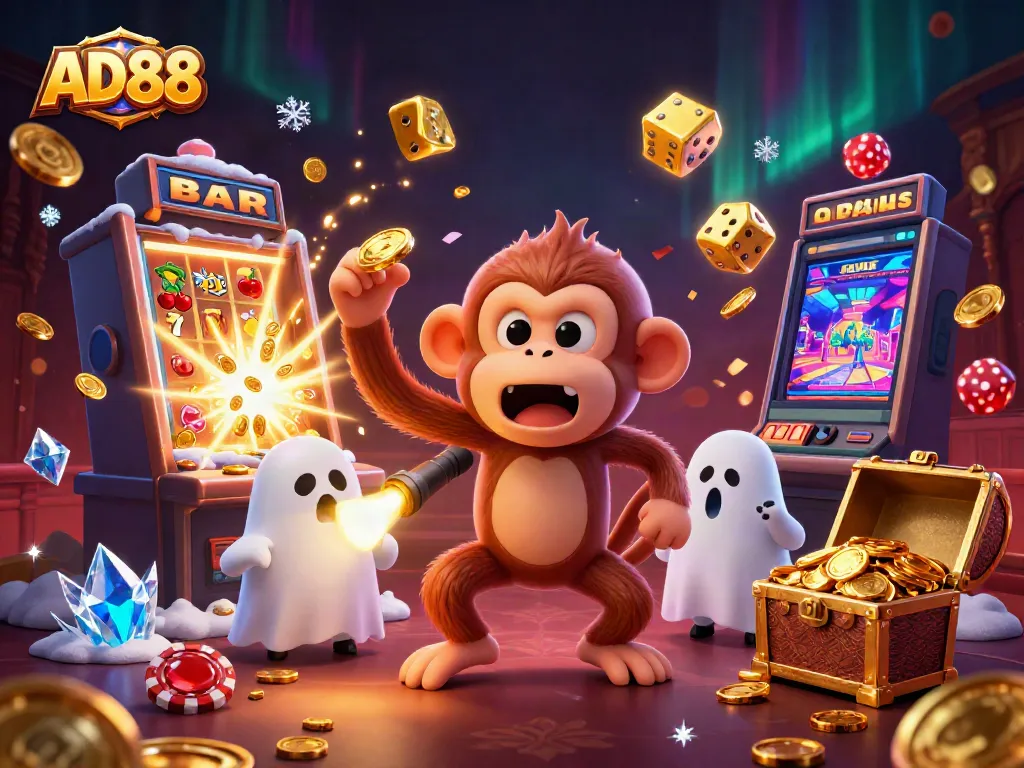 Experience thrilling wins at AD88 with a vibrant casino scene featuring playful characters and dynamic game elements.