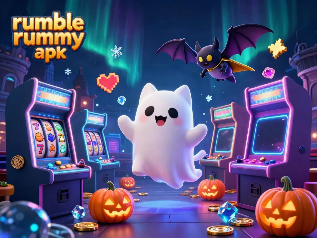 Engage with Rumble Rummy APK, featuring a ghost cat in a lively casino setting with glowing effects.