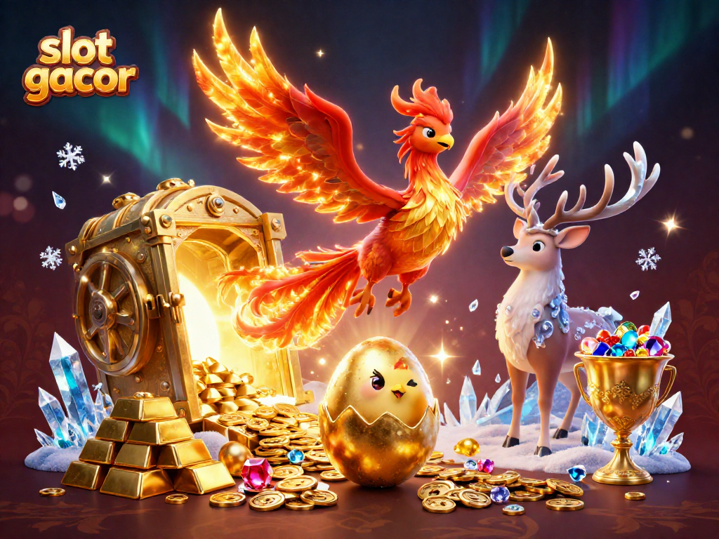 Experience the thrill of slot gacor with this vibrant 3D illustration showcasing fiery phoenixes and treasure.