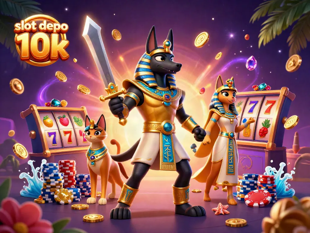 Menangkan permainan dengan slot depo 10k dari karakter Anubis dan Bastet dikelilingi koin emas.
