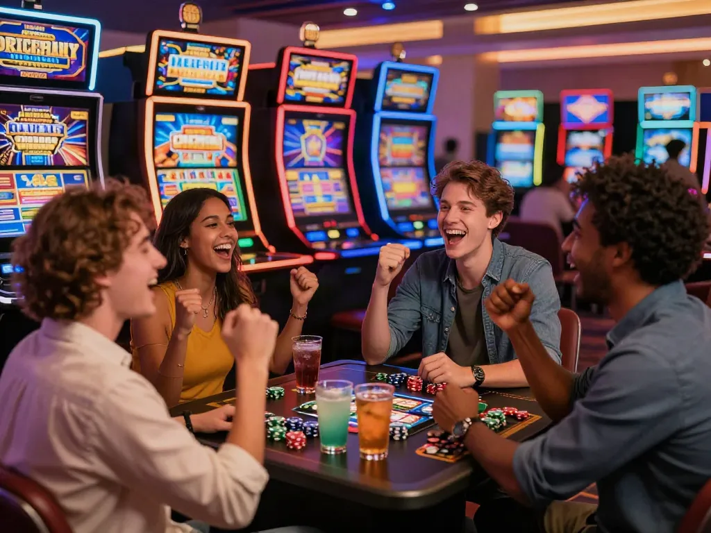 A diverse group celebrating wins at an akunjp casino, lively atmosphere filled with slot machines.