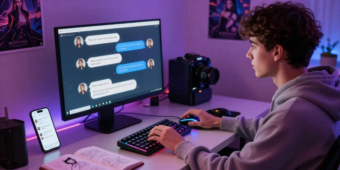 Engaging NSFW AI conversation scene showing a user interacting with a lifelike AI companion on a sleek computer, highlighting a cozy and creative environment.
