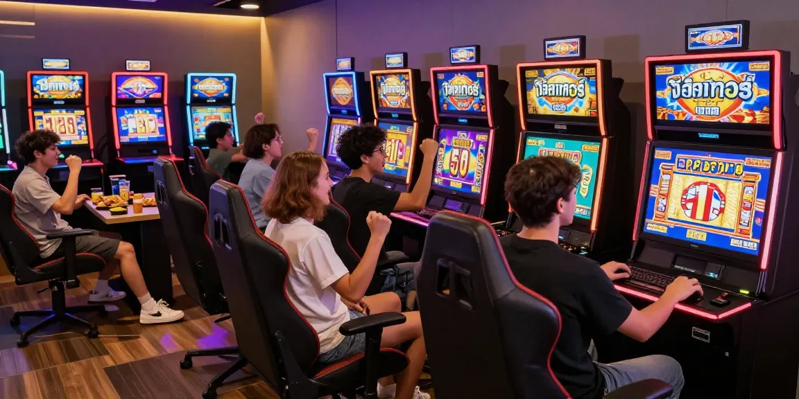 Excited players enjoying สล็อตโจ๊กเกอร์ slot gaming in a vibrant lounge, showcasing a modern gaming atmosphere.
