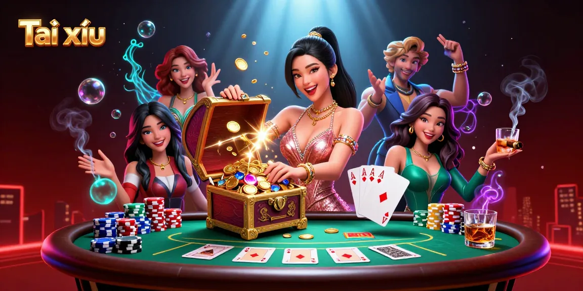 Tài xỉu excitement with an Asian woman presenting a treasure chest of games and gold coins on a poker table