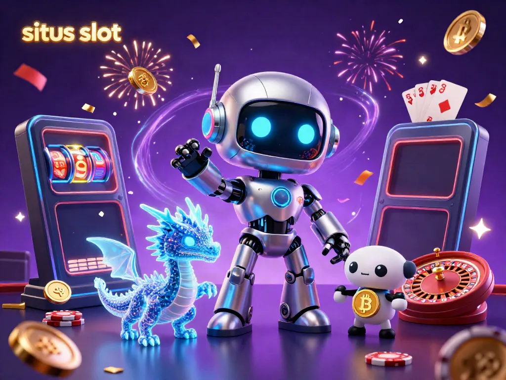 Ilustrasi 3D kasino dengan robot cyberpunk dan slot, situs slot menyebar koin emas.